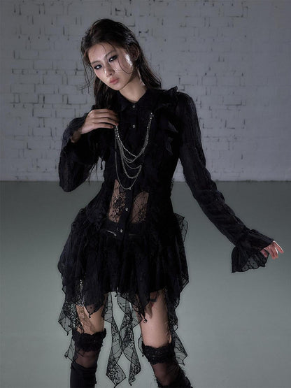 NO ROMANCE Romantic Punk Regal Lace Cutout Asymmetric Women&