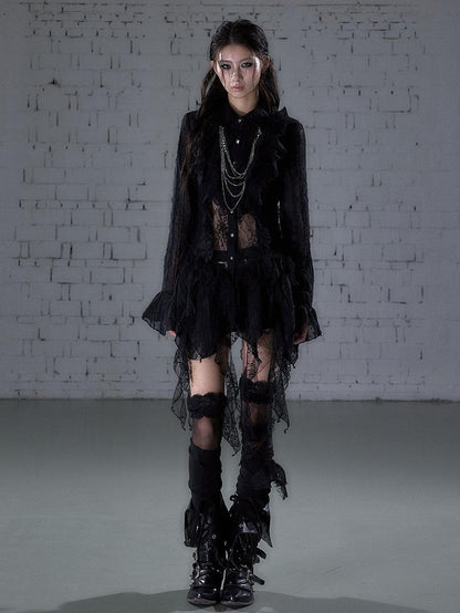 NO ROMANCE Romantic Punk Regal Lace Cutout Asymmetric Women&