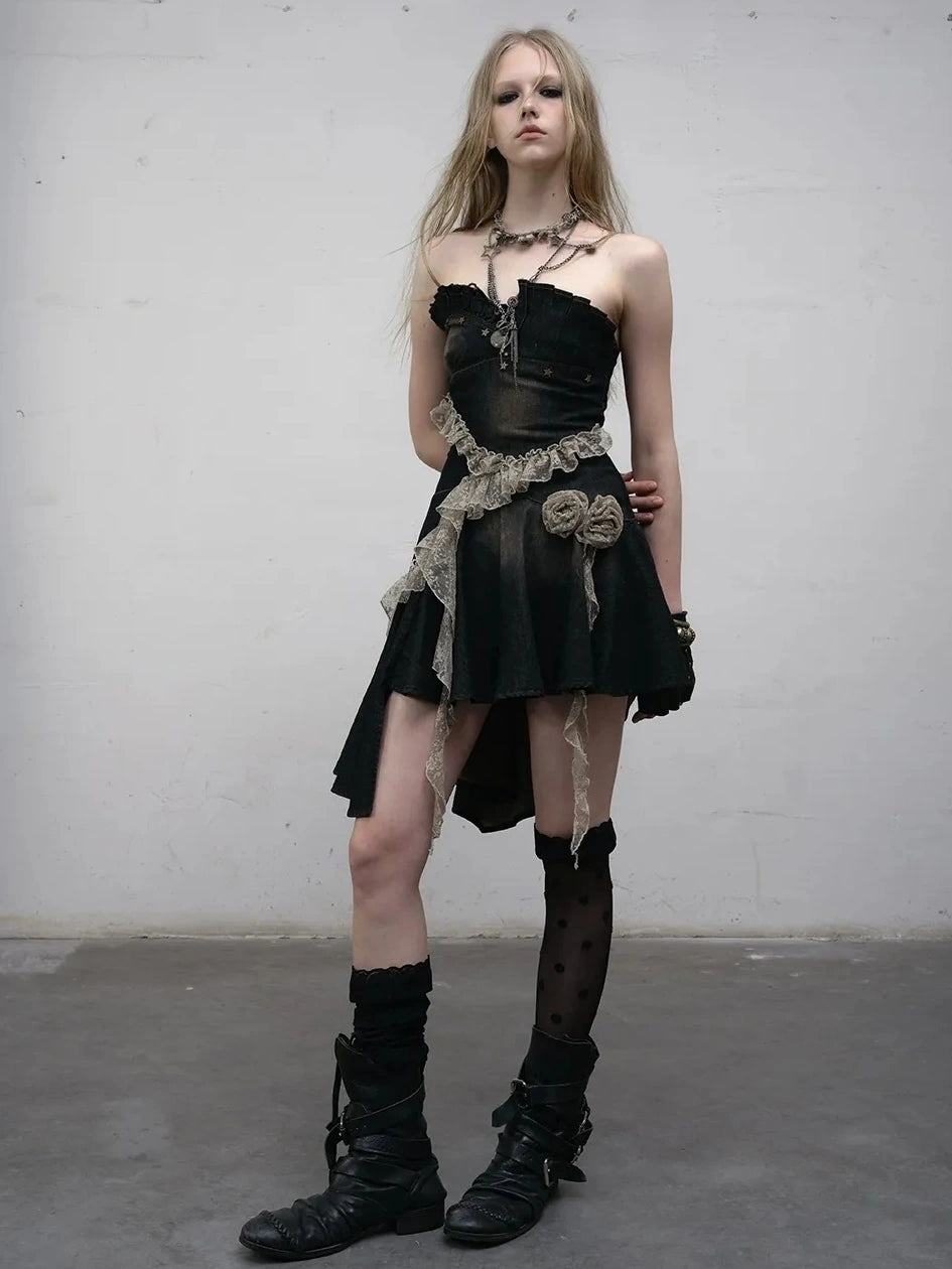 NO ROMANCE Ruched Tube Vintage Black With Clear Straps Cotton Blend Women Casual Dresses