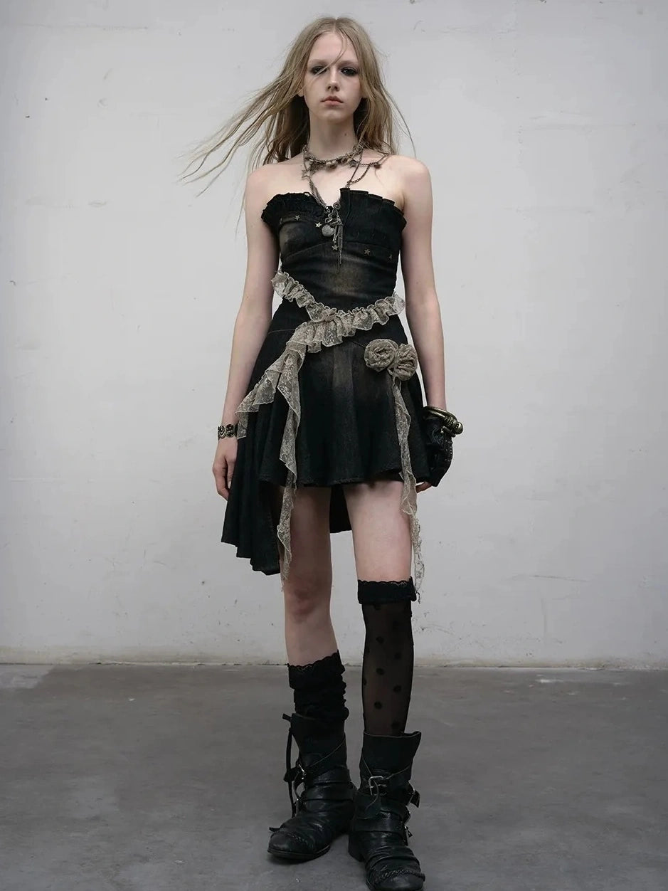 NO ROMANCE Ruched Tube Vintage Black With Clear Straps Cotton Blend Women Casual Dresses