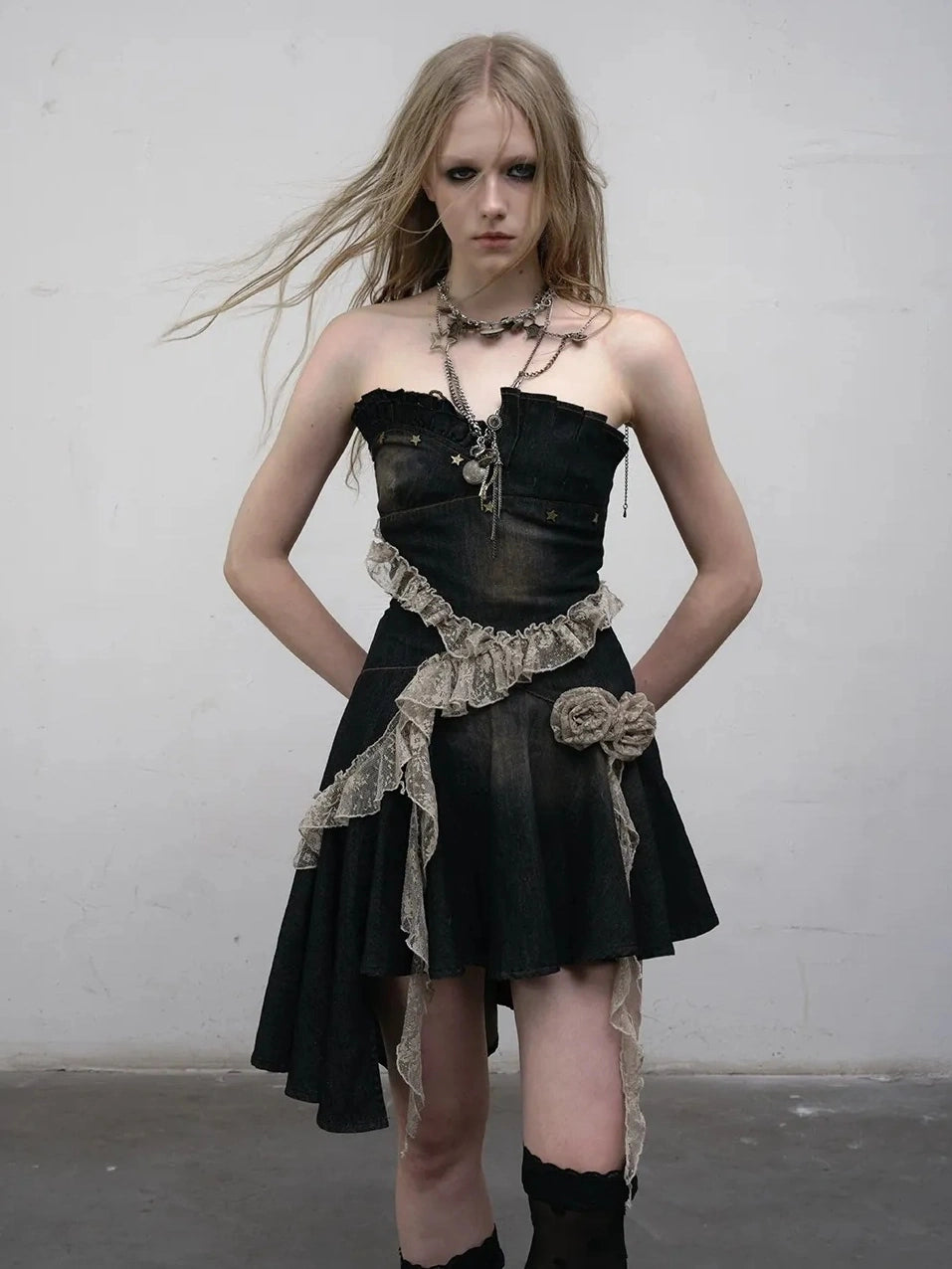 NO ROMANCE Ruched Tube Vintage Black With Clear Straps Cotton Blend Women Casual Dresses