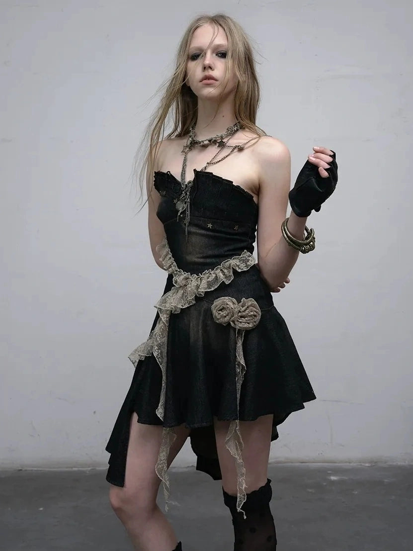 NO ROMANCE Ruched Tube Vintage Black With Clear Straps Cotton Blend Women Casual Dresses