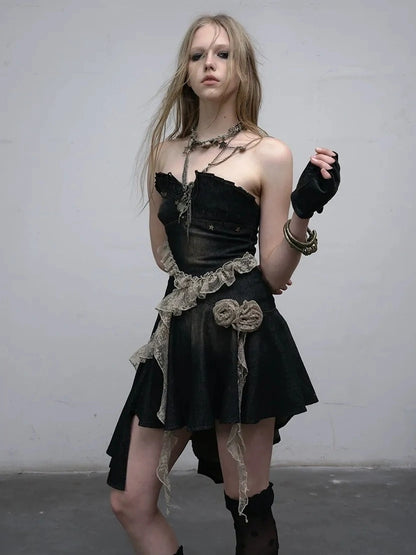 NO ROMANCE Ruched Tube Vintage Black With Clear Straps Cotton Blend Women Casual Dresses