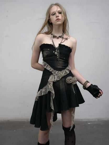 NO ROMANCE Ruched Tube Vintage Black With Clear Straps Cotton Blend Women Casual Dresses