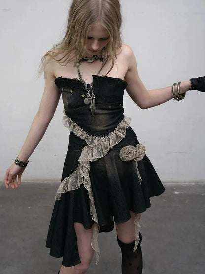 NO ROMANCE Ruched Tube Vintage Black With Clear Straps Cotton Blend Women Casual Dresses