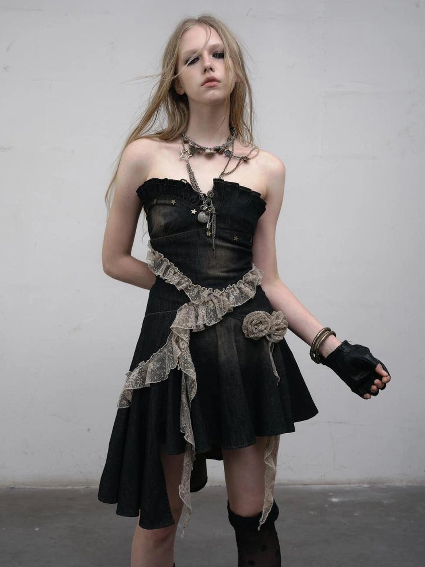 NO ROMANCE Ruched Tube Vintage Black With Clear Straps Cotton Blend Women Casual Dresses