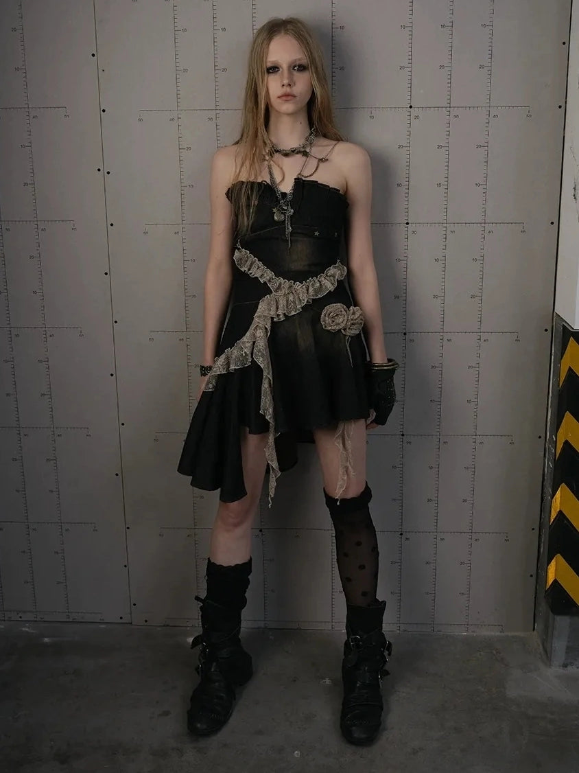 NO ROMANCE Ruched Tube Vintage Black With Clear Straps Cotton Blend Women Casual Dresses