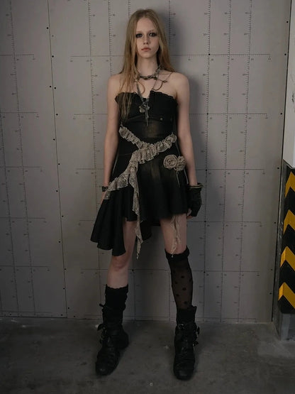 NO ROMANCE Ruched Tube Vintage Black With Clear Straps Cotton Blend Women Casual Dresses