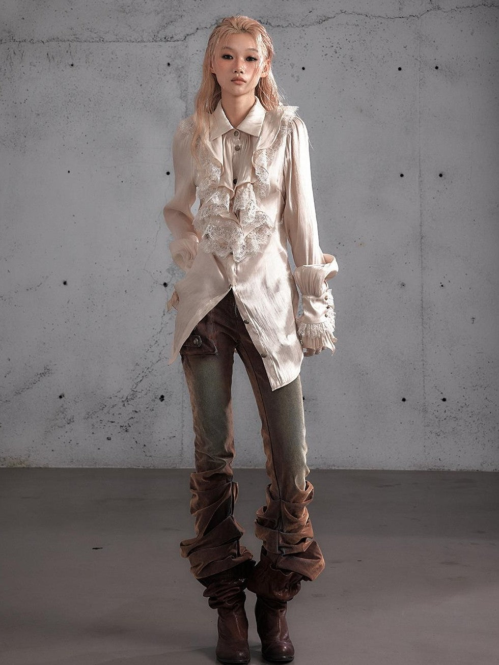 NO ROMANCE Ruffle Lace Spliced Long Sleeve Glossy Women&