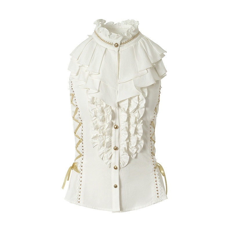 NO_ROMANCE_Ruffle_Trim_Ruffle_Collar_Tie_Waist_Slim_Fit_Women&