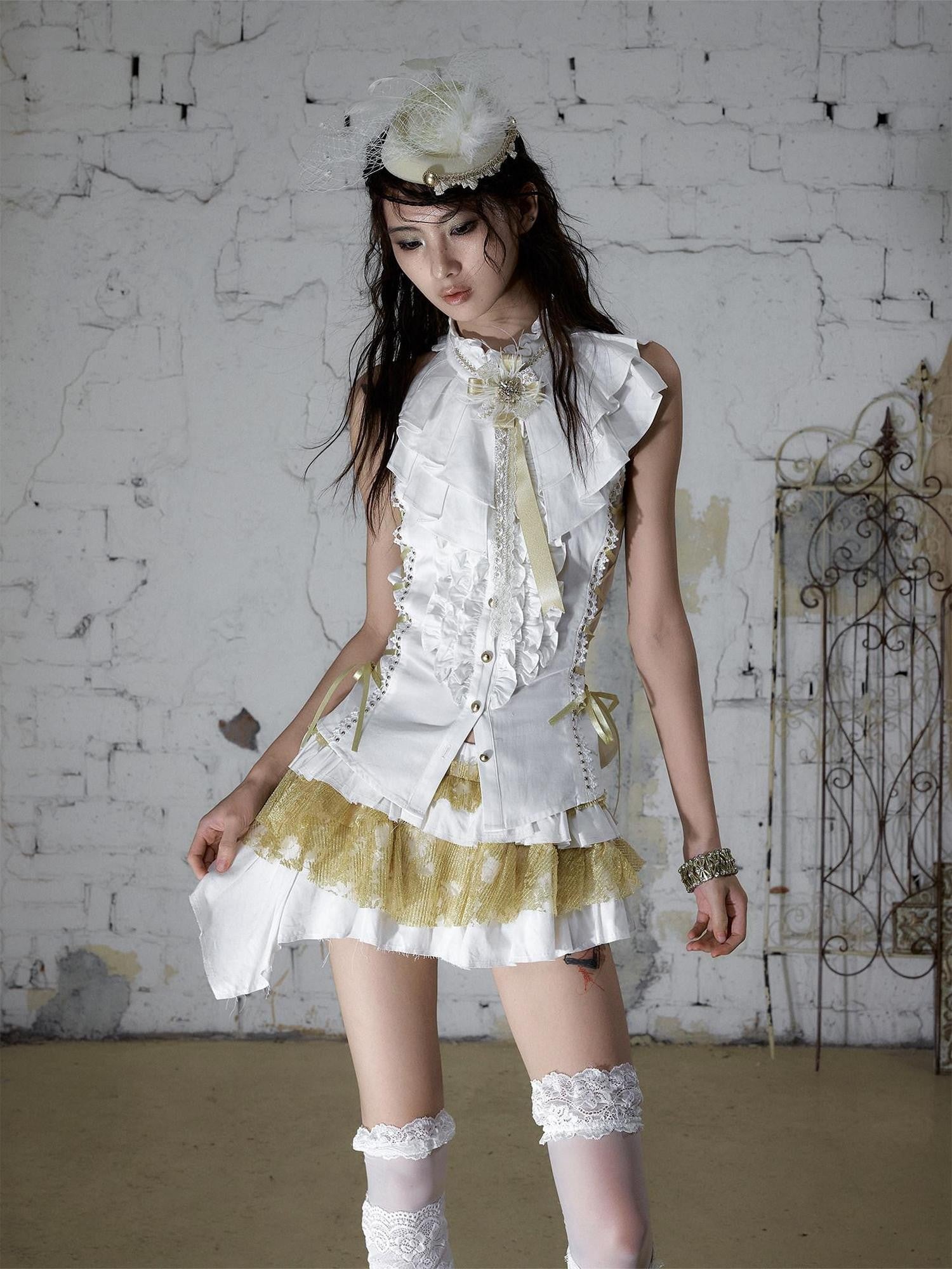 NO ROMANCE Ruffle Trim Ruffle Collar Tie Waist Slim Fit Women&