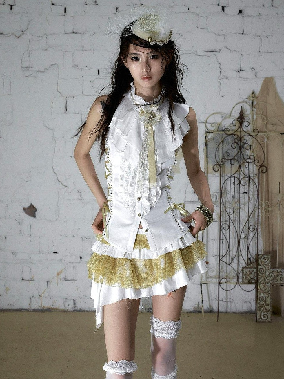 NO ROMANCE Ruffle Trim Ruffle Collar Tie Waist Slim Fit Women&