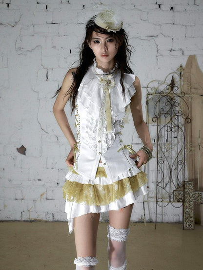 NO ROMANCE Ruffle Trim Ruffle Collar Tie Waist Slim Fit Women&