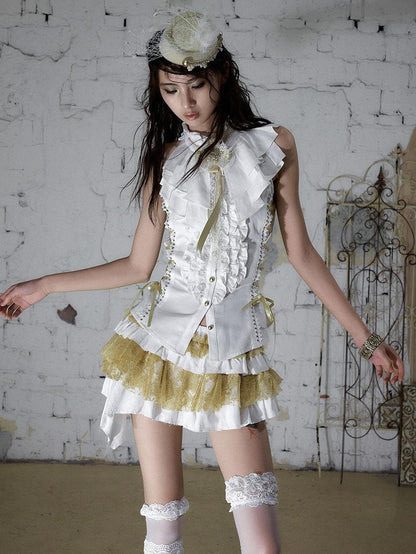 NO ROMANCE Ruffle Trim Ruffle Collar Tie Waist Slim Fit Women&