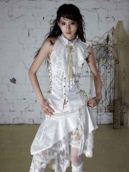 NO ROMANCE Ruffle Trim Ruffle Collar Tie Waist Slim Fit Women&