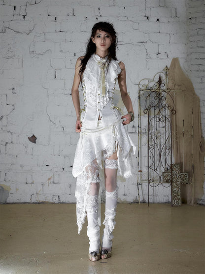 NO ROMANCE Ruffle Trim Ruffle Collar Tie Waist Slim Fit Women&