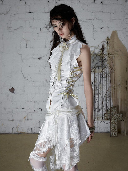 NO ROMANCE Ruffle Trim Ruffle Collar Tie Waist Slim Fit Women&