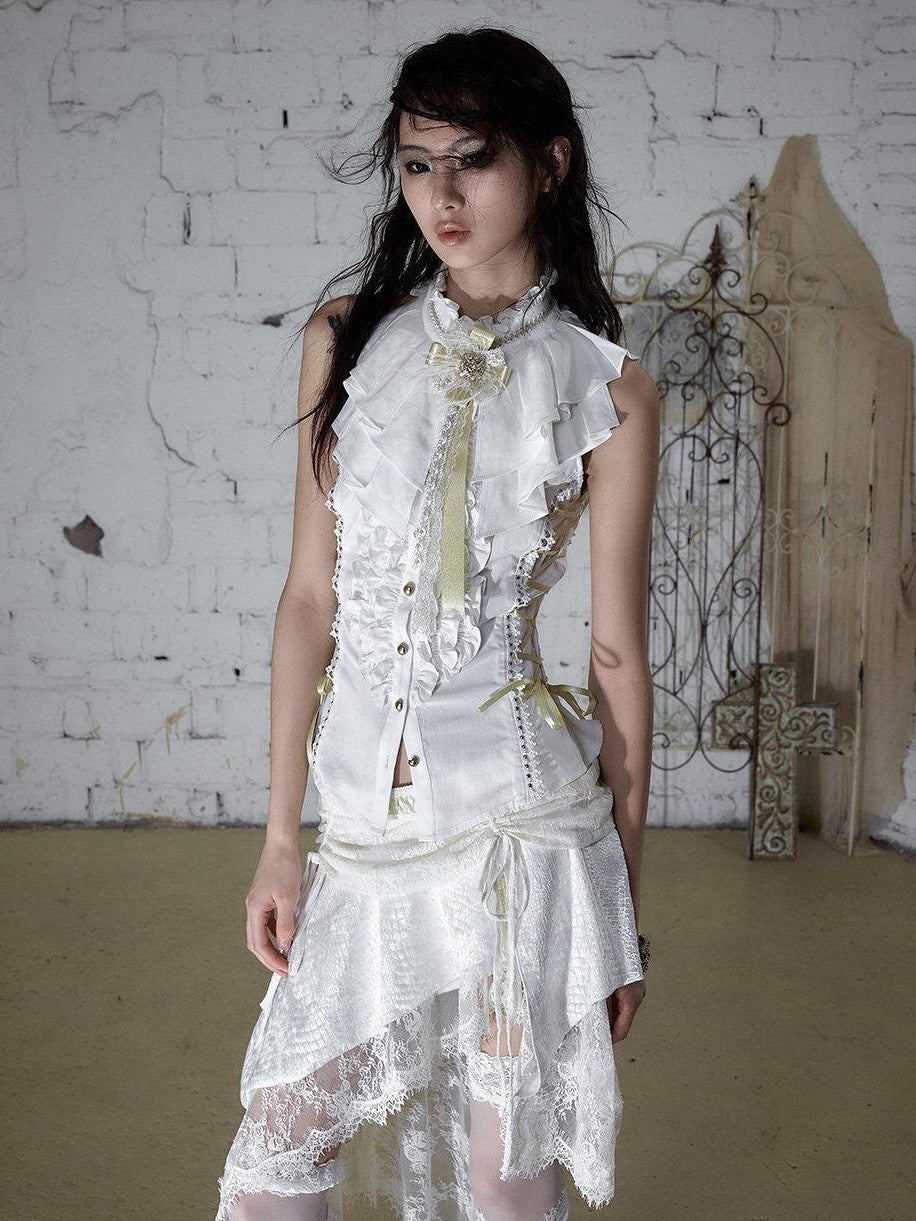 NO ROMANCE Ruffle Trim Ruffle Collar Tie Waist Slim Fit Women&