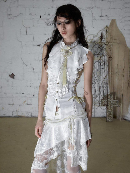 NO ROMANCE Ruffle Trim Ruffle Collar Tie Waist Slim Fit Women&