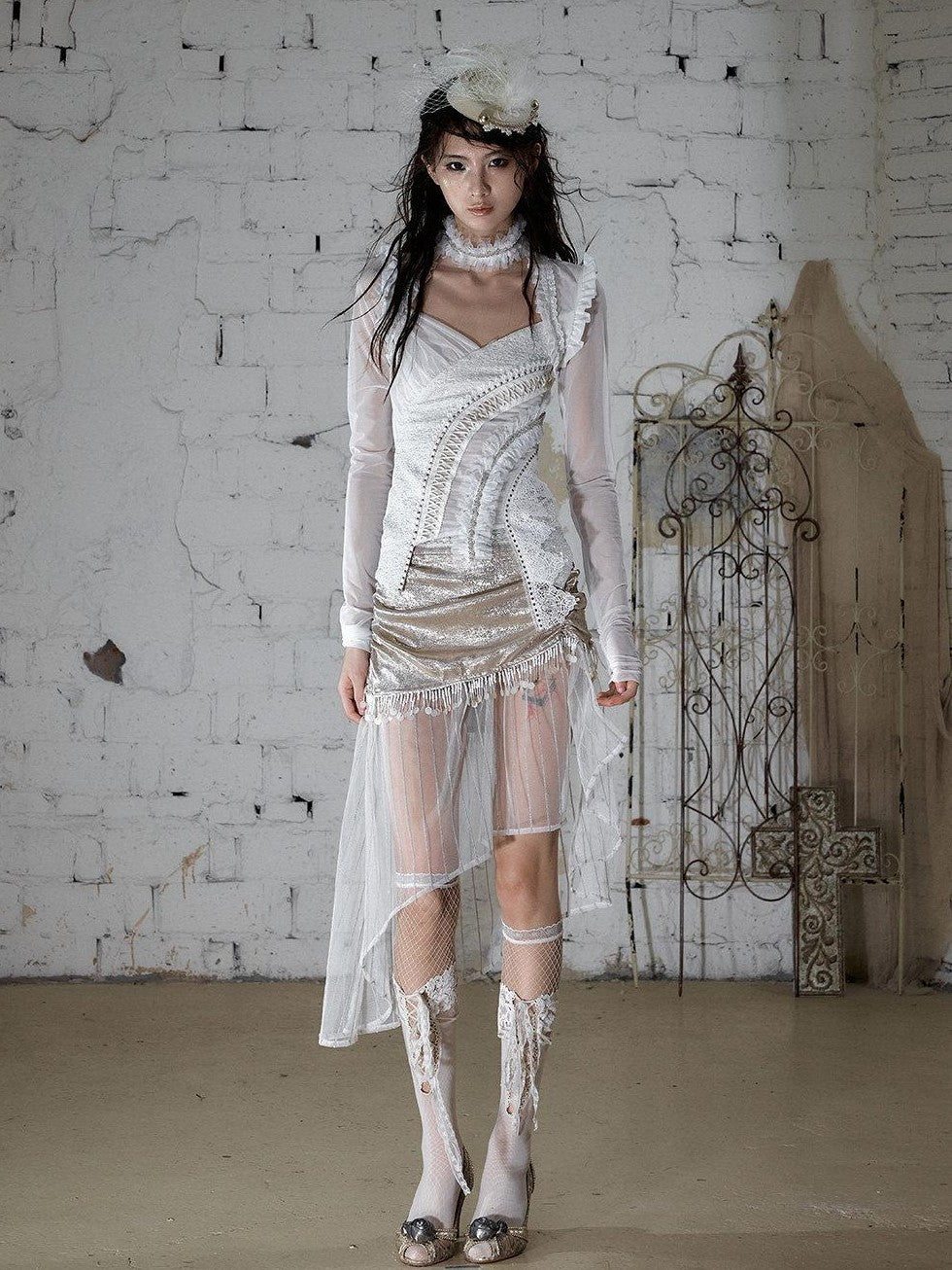 NO ROMANCE Satin Tulle Tassel Asymmetric Faux Layered Slit Women&