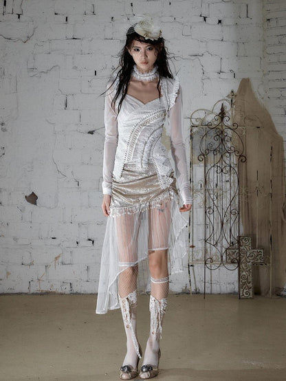 NO ROMANCE Satin Tulle Tassel Asymmetric Faux Layered Slit Women&