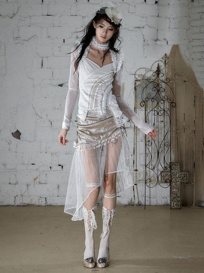 NO ROMANCE Satin Tulle Tassel Asymmetric Faux Layered Slit Women&