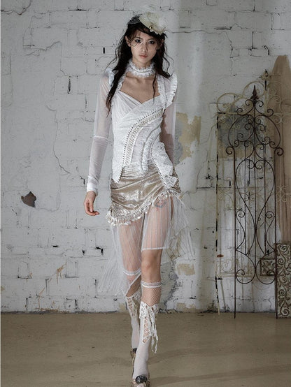 NO ROMANCE Satin Tulle Tassel Asymmetric Faux Layered Slit Women&