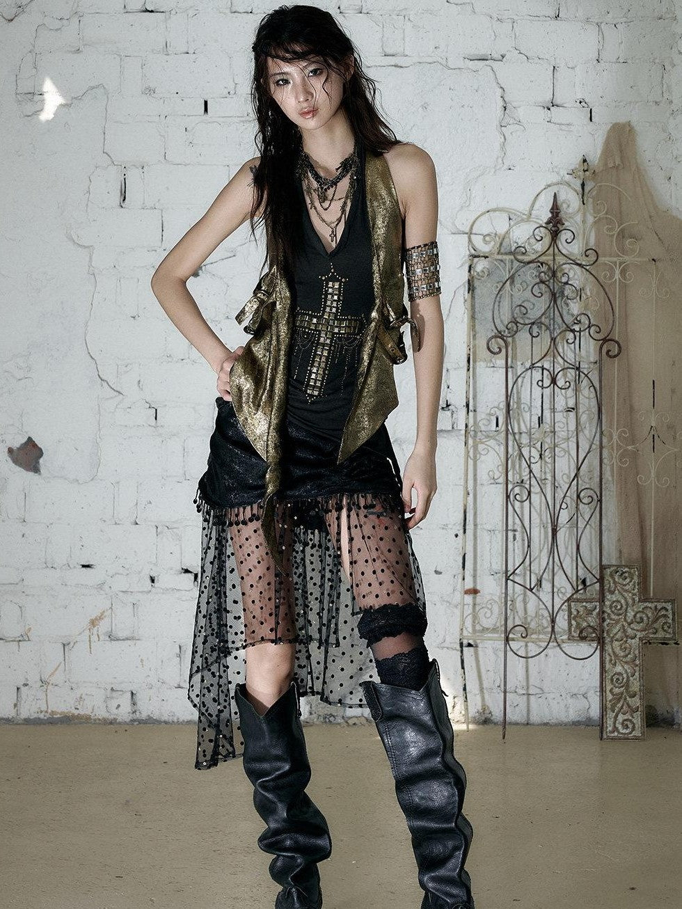 NO ROMANCE Satin Tulle Tassel Asymmetric Faux Layered Slit Women&