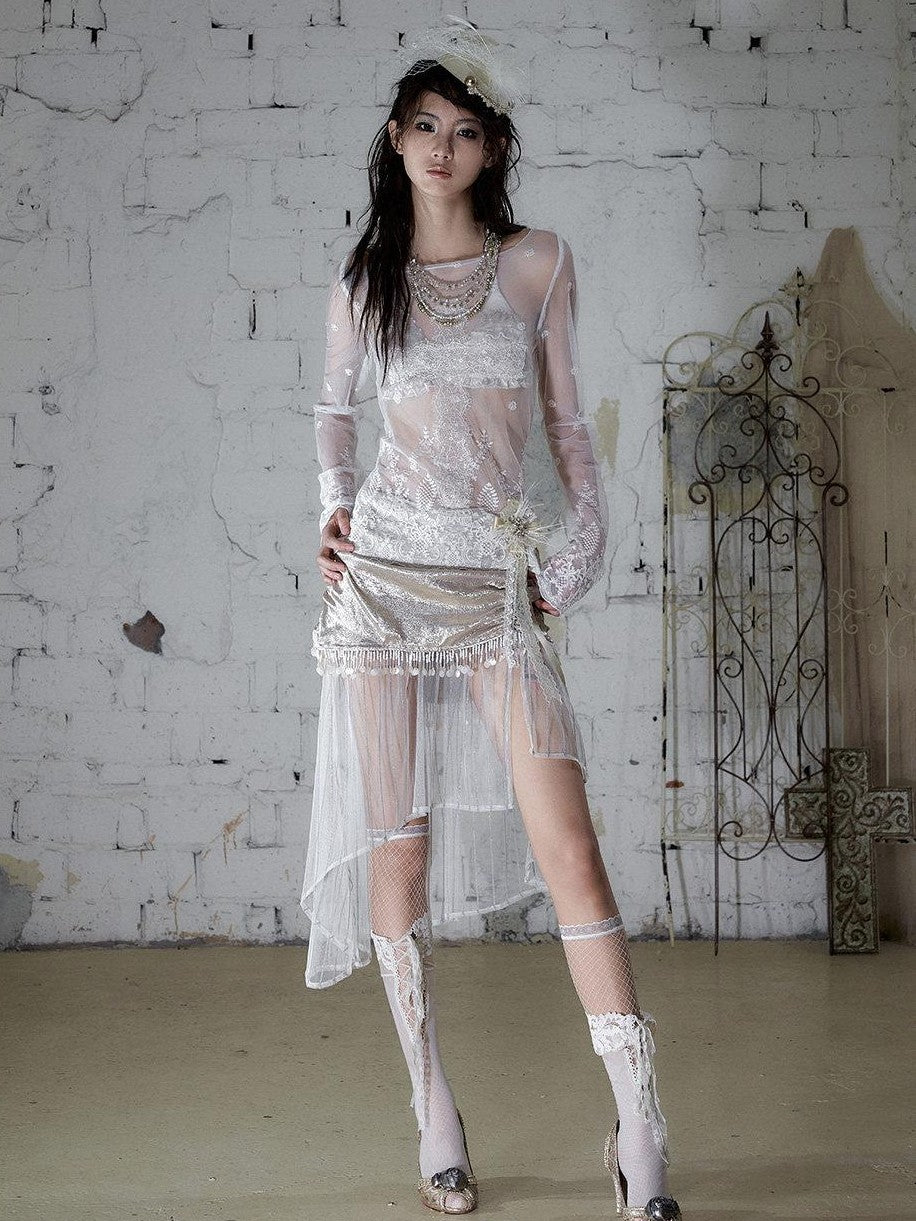 NO ROMANCE Satin Tulle Tassel Asymmetric Faux Layered Slit Women&