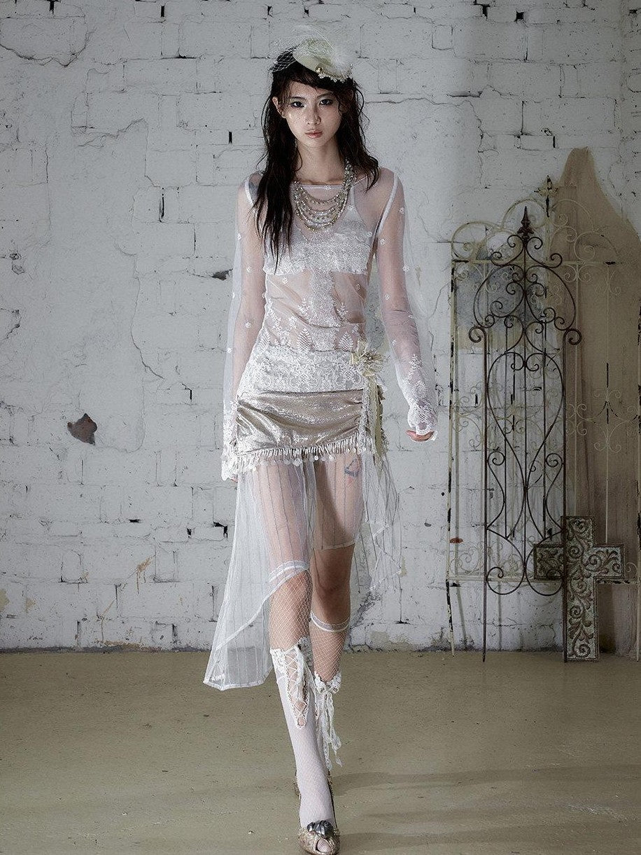 NO ROMANCE Satin Tulle Tassel Asymmetric Faux Layered Slit Women&