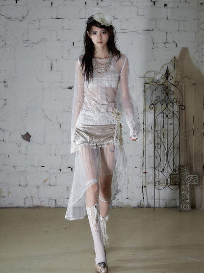 NO ROMANCE Satin Tulle Tassel Asymmetric Faux Layered Slit Women&