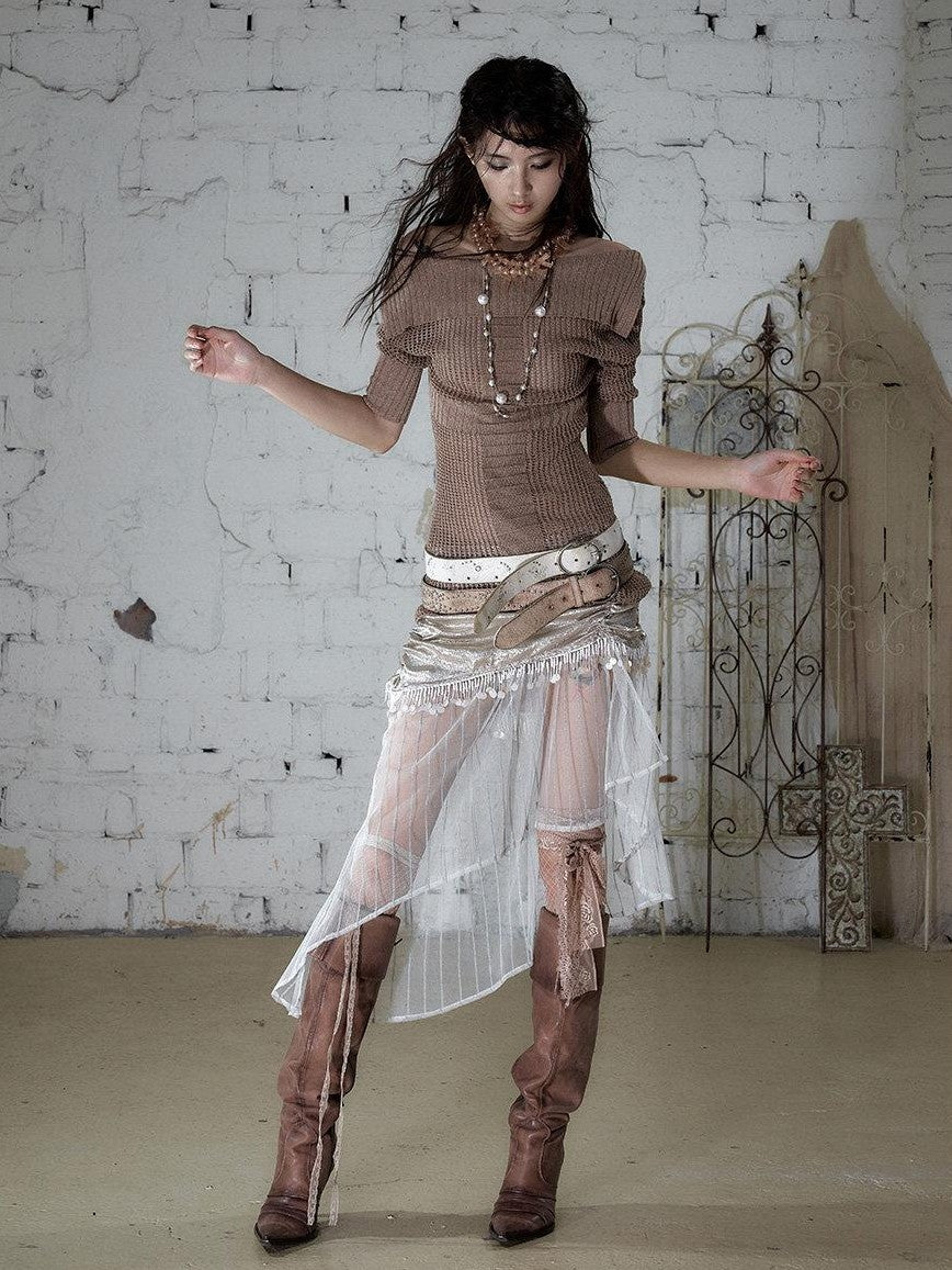NO ROMANCE Satin Tulle Tassel Asymmetric Faux Layered Slit Women&