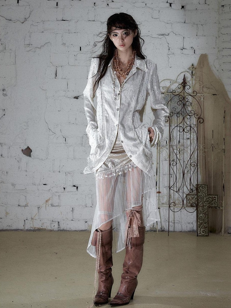 NO ROMANCE Satin Tulle Tassel Asymmetric Faux Layered Slit Women&