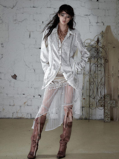 NO ROMANCE Satin Tulle Tassel Asymmetric Faux Layered Slit Women&