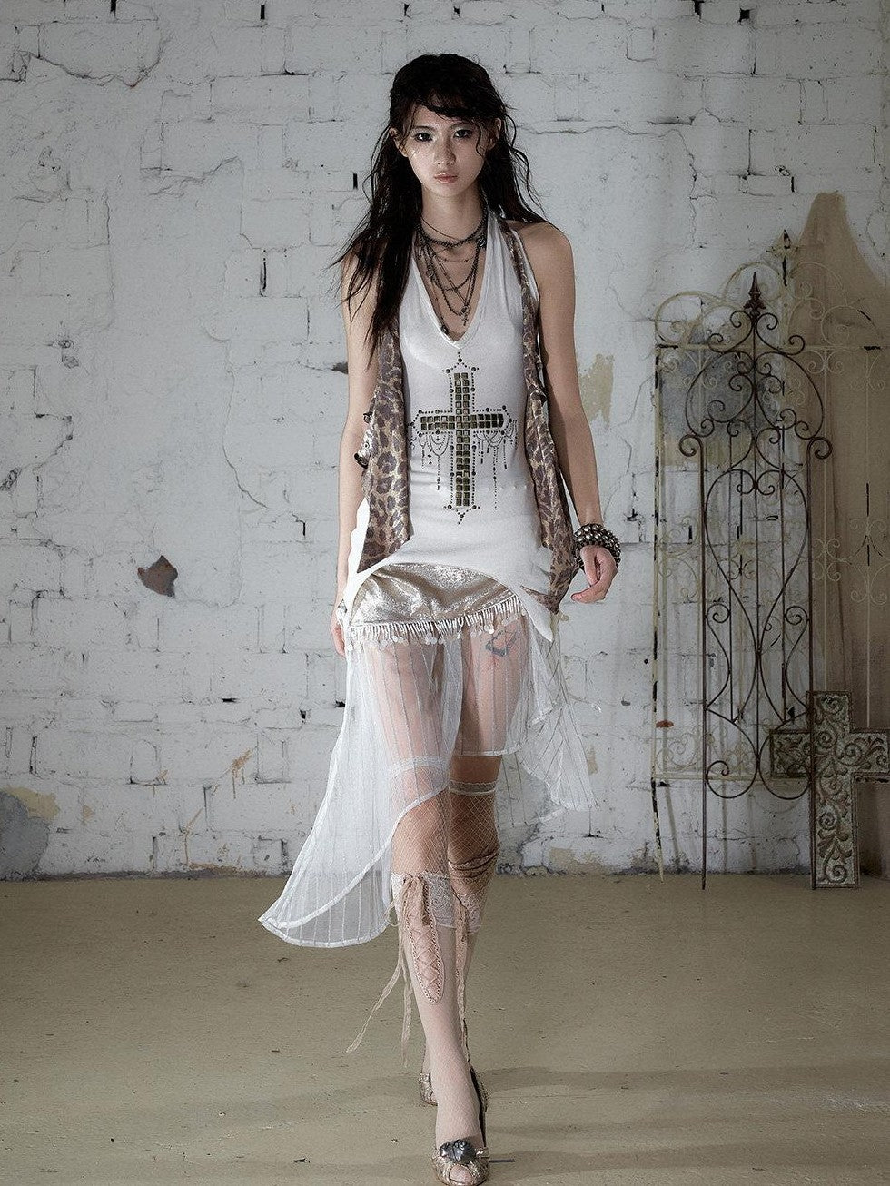 NO ROMANCE Satin Tulle Tassel Asymmetric Faux Layered Slit Women&