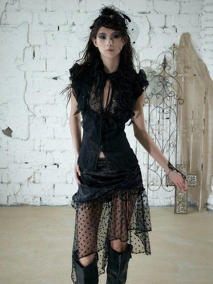 NO ROMANCE Satin Tulle Tassel Asymmetric Faux Layered Slit Women&
