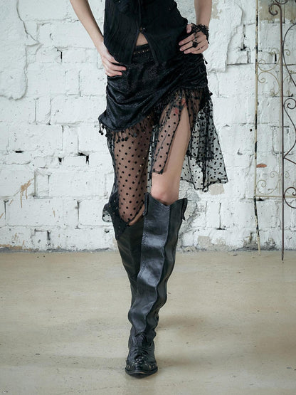 NO ROMANCE Satin Tulle Tassel Asymmetric Faux Layered Slit Women&