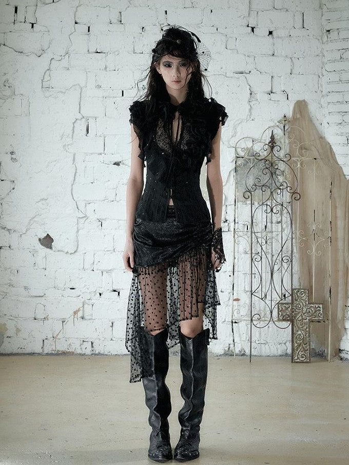 NO ROMANCE Satin Tulle Tassel Asymmetric Faux Layered Slit Women&