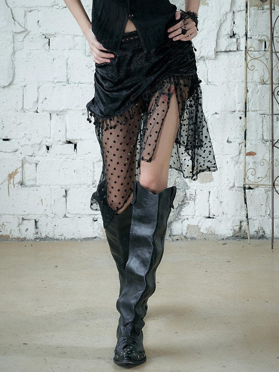 NO ROMANCE Satin Tulle Tassel Asymmetric Faux Layered Slit Women&