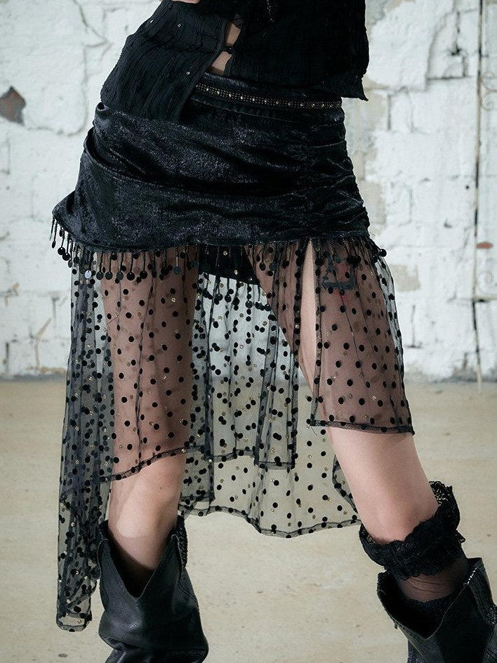 NO ROMANCE Satin Tulle Tassel Asymmetric Faux Layered Slit Women&