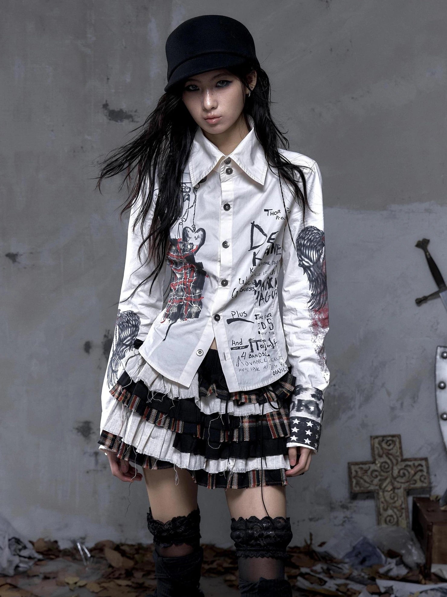 NO ROMANCE Shape Retaining Pure Cotton Gothic Print Slim Fit Long Sleeve Collar Women Shirt