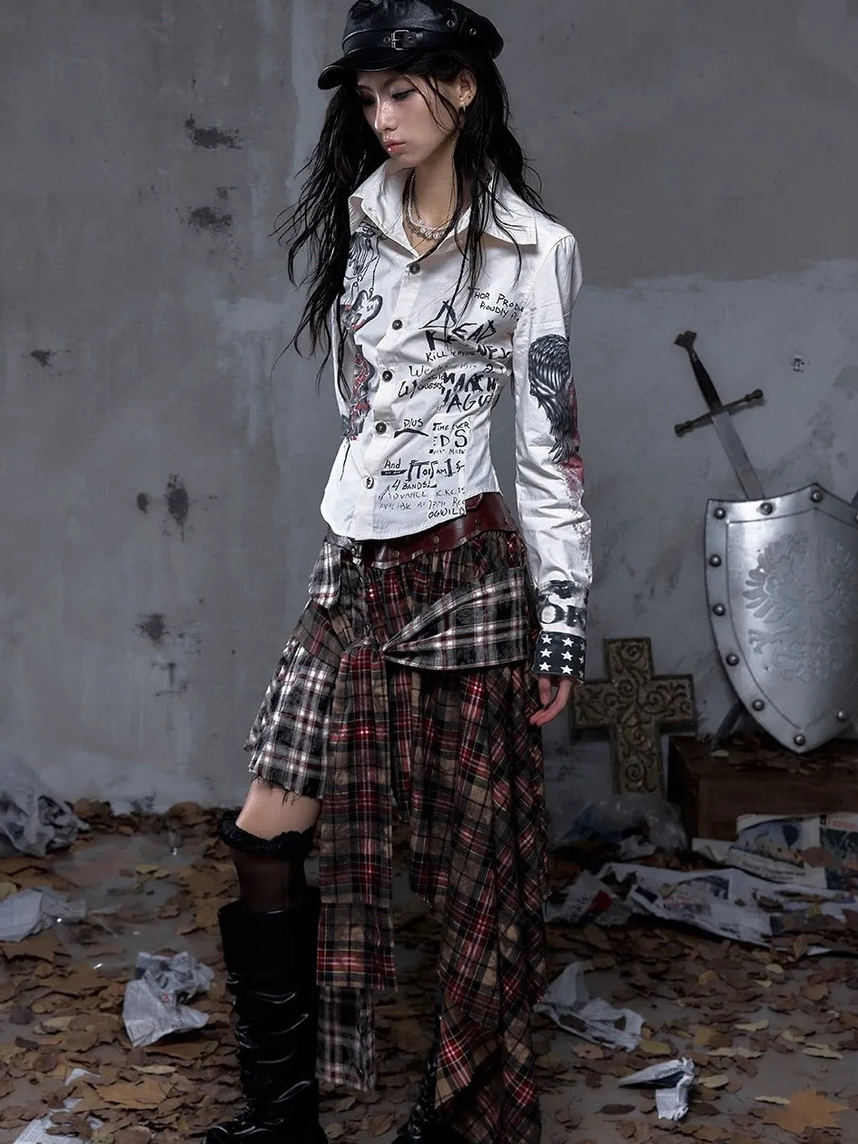 NO ROMANCE Shape Retaining Pure Cotton Gothic Print Slim Fit Long Sleeve Collar Women Shirt