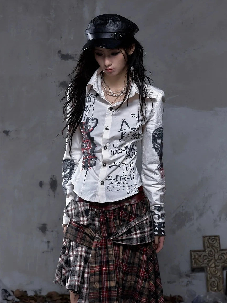 NO ROMANCE Shape Retaining Pure Cotton Gothic Print Slim Fit Long Sleeve Collar Women Shirt