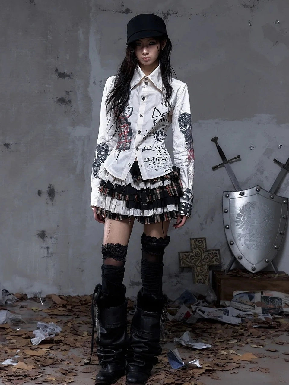 NO ROMANCE Shape Retaining Pure Cotton Gothic Print Slim Fit Long Sleeve Collar Women Shirt