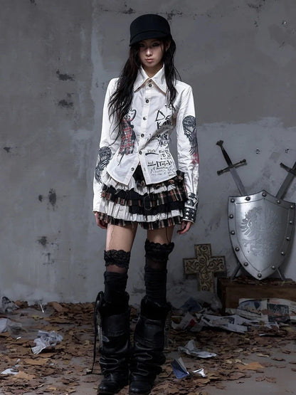 NO ROMANCE Shape Retaining Pure Cotton Gothic Print Slim Fit Long Sleeve Collar Women Shirt