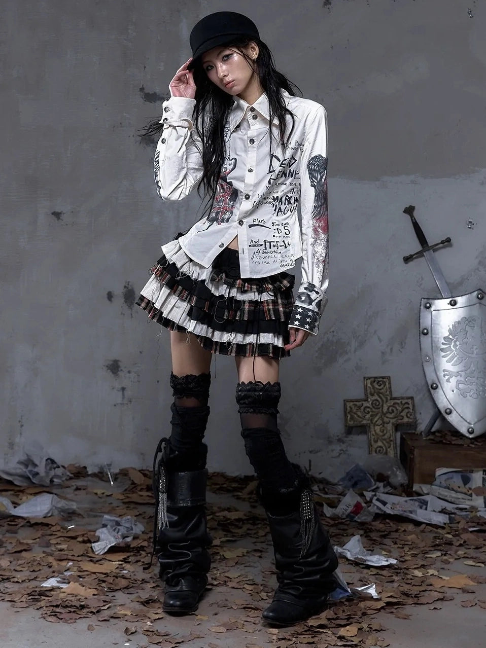 NO ROMANCE Shape Retaining Pure Cotton Gothic Print Slim Fit Long Sleeve Collar Women Shirt