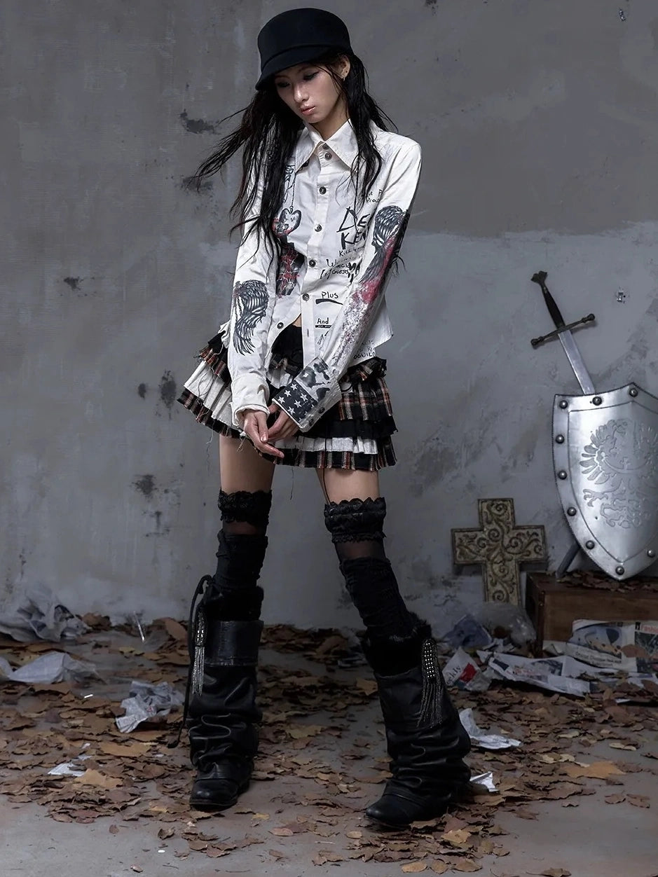 NO ROMANCE Shape Retaining Pure Cotton Gothic Print Slim Fit Long Sleeve Collar Women Shirt