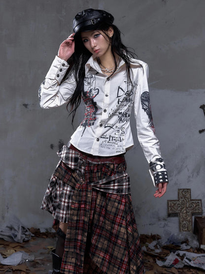 NO ROMANCE Shape Retaining Pure Cotton Gothic Print Slim Fit Long Sleeve Collar Women Shirt