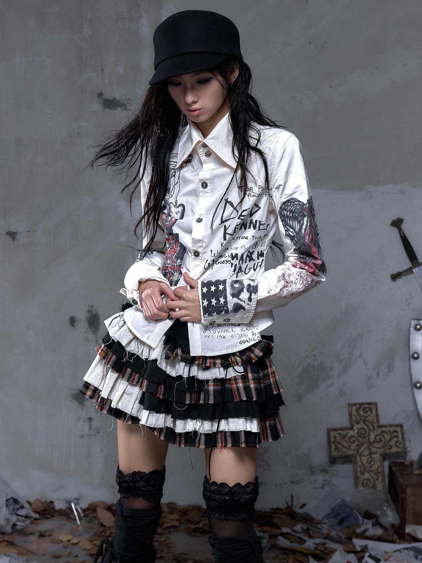 NO ROMANCE Shape Retaining Pure Cotton Gothic Print Slim Fit Long Sleeve Collar Women Shirt