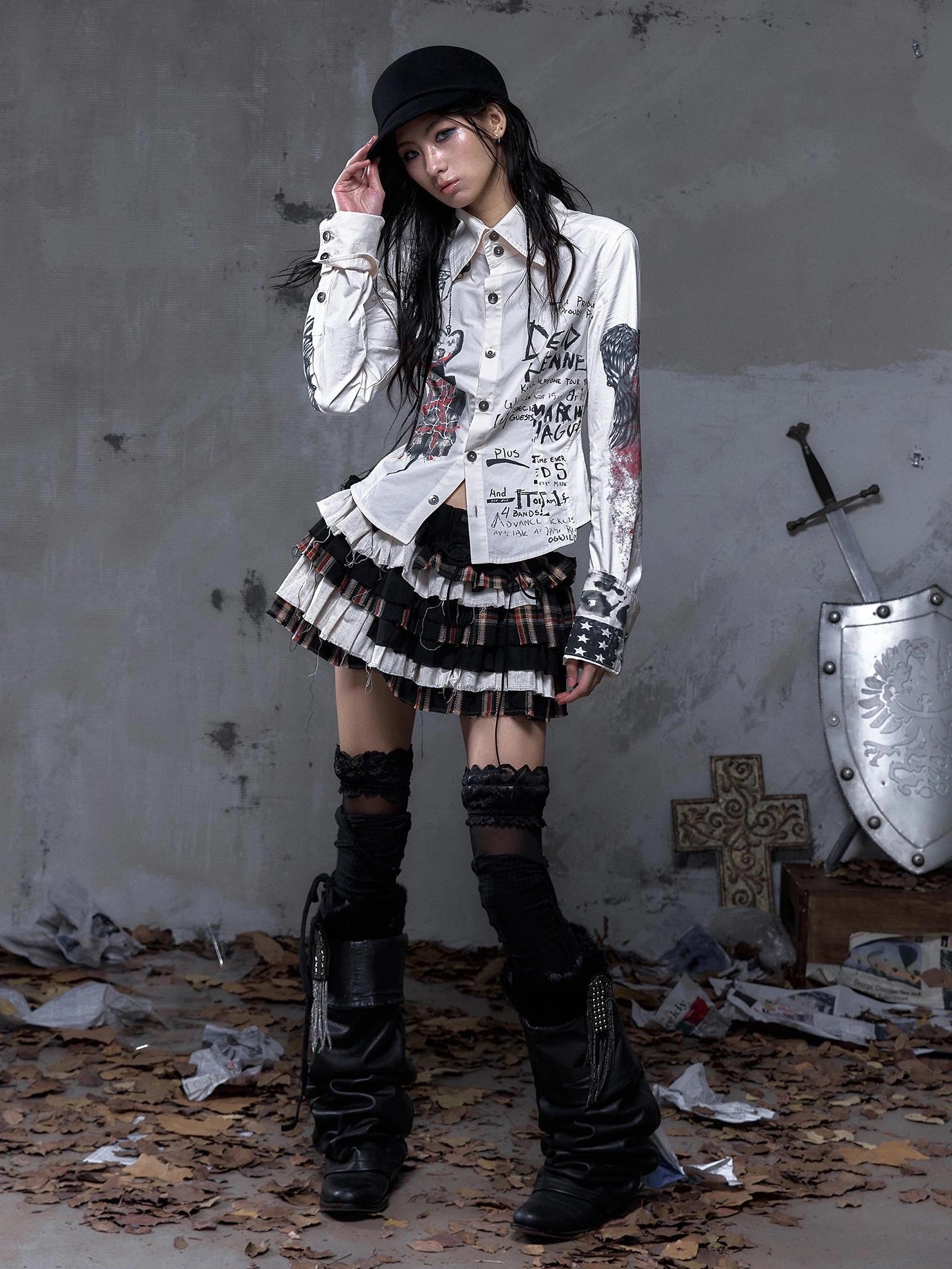 NO ROMANCE Shape Retaining Pure Cotton Gothic Print Slim Fit Long Sleeve Collar Women Shirt